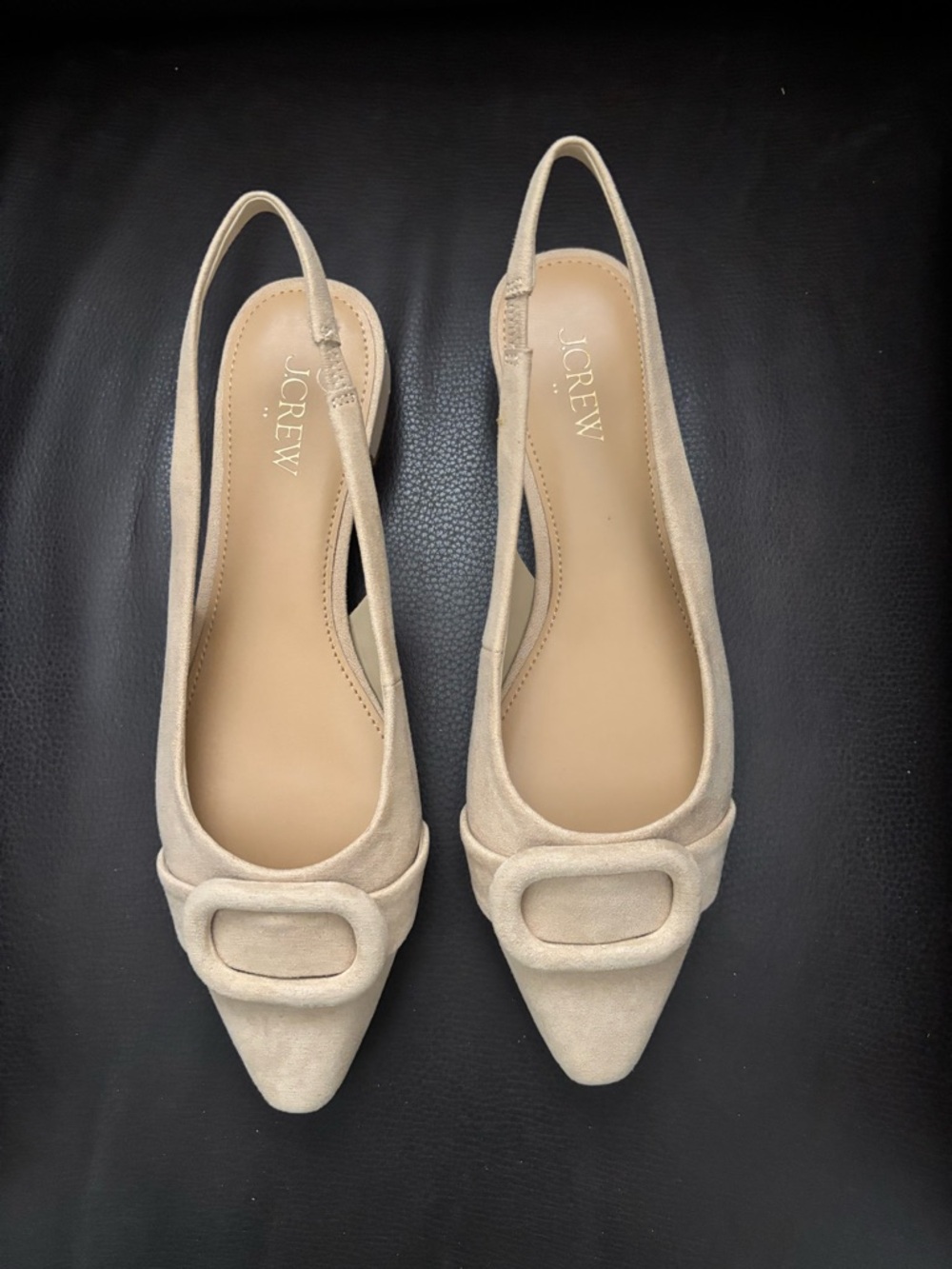 J. Crew Beige Suede Pointed Slingback Flats with Buckle Detail